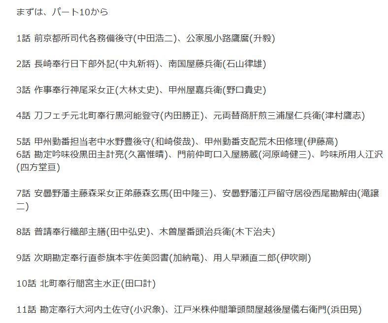 暴れん坊将軍パート10の悪役リスト。
1話 前京都所司代各務備後守(中田浩二)、公家風小路鷹麿(升毅)

2話 長崎奉行日下部外記(中丸新将)、南国屋藤兵衛(石山律雄)

3話 作事奉行神尾采女正(大林丈史)、甲州屋嘉兵衛(野口貴史)

4話 刀フェチ元北町奉行黒河能登守(内田勝正)、元両替商肝煎三浦屋仁兵衛(津村鷹志)

5話 甲州勤番担当老中水野豊後守(和崎俊哉)、甲州勤番支配荒木田修理(伊藤高)
6話 勘定吟味役黒田主計亮(久富惟晴)、門前仲町口入屋勝蔵(河原崎健三)、吟味所用人江沢(四方堂亘)

7話 安曇野藩主藤森采女正弟藤森玄馬(田中隆三)、安曇野藩江戸留守居役西尾勘解由(滝譲二)

8話 普請奉行織部主膳(田中弘史)、木曽屋番頭治兵衛(木下治夫)

9話 次期勘定奉行直参旗本宇佐美図書(加納竜)、用人早瀬直二郎(伊吹剛)

10話 北町奉行間宮主水正(田口計)

11話 勘定奉行大河内土佐守(小沢象)、江戸米株仲間筆頭問屋越後屋儀右衛門(浜田晃)