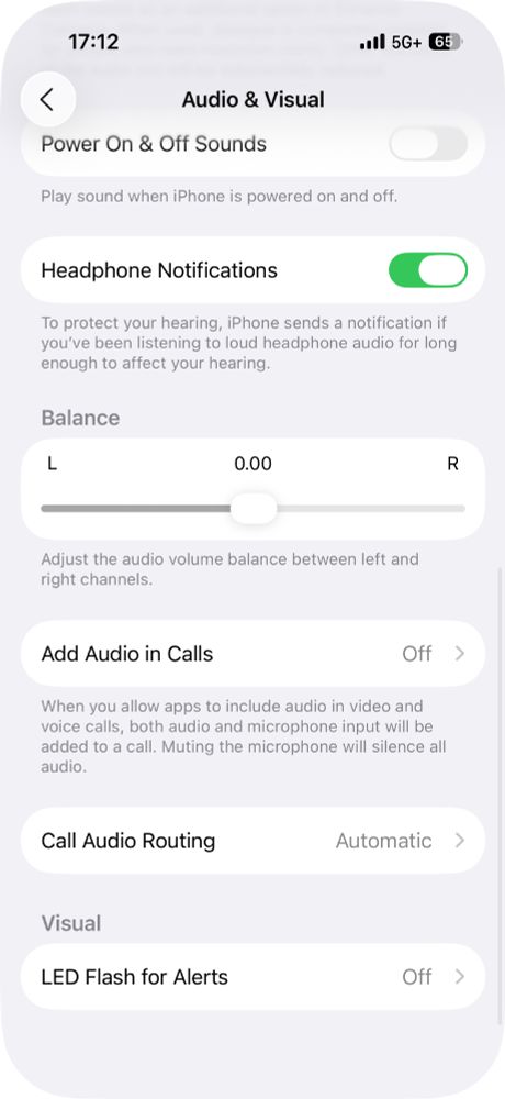 Screenshot of ios 26's audio & visual settings page including audio balance