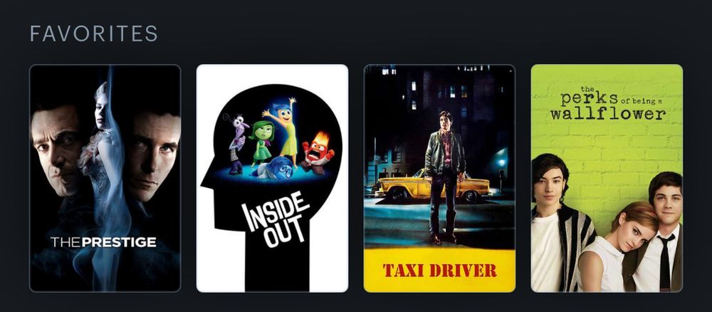 A list of my four favorite movies of all time.
- Prestige
- Inside Out
- Taxi Driver
- The Perks of being a Wallflower