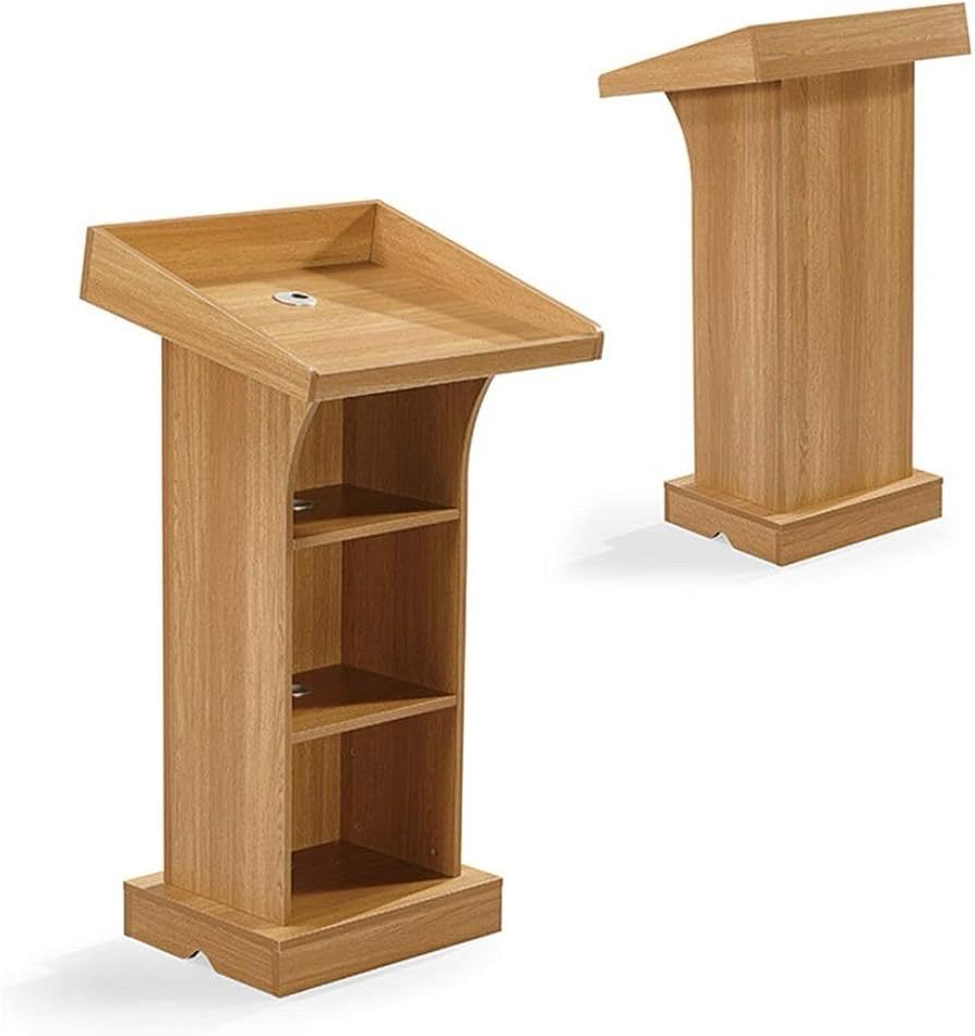 Front and back view of a light brown wooden podium. 
