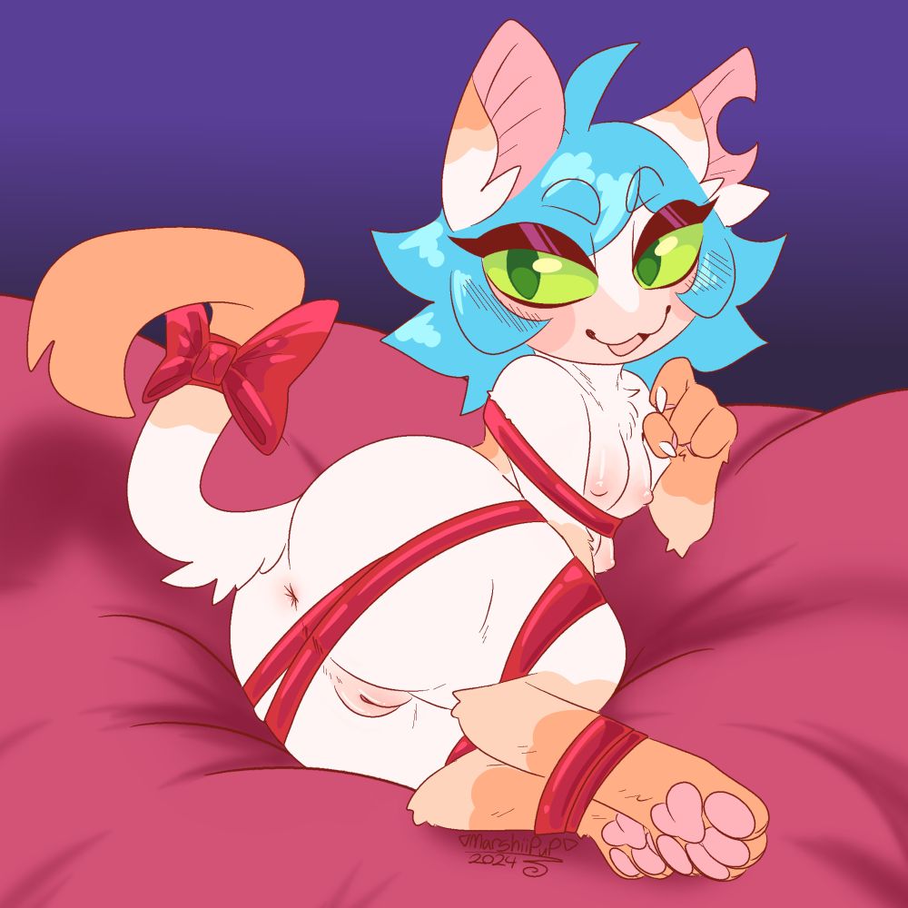 Drawing of an orange cat-like character on a soft bed wrapped in ribbon. They’re coxing the viewer over and have their anus and vulva on full display