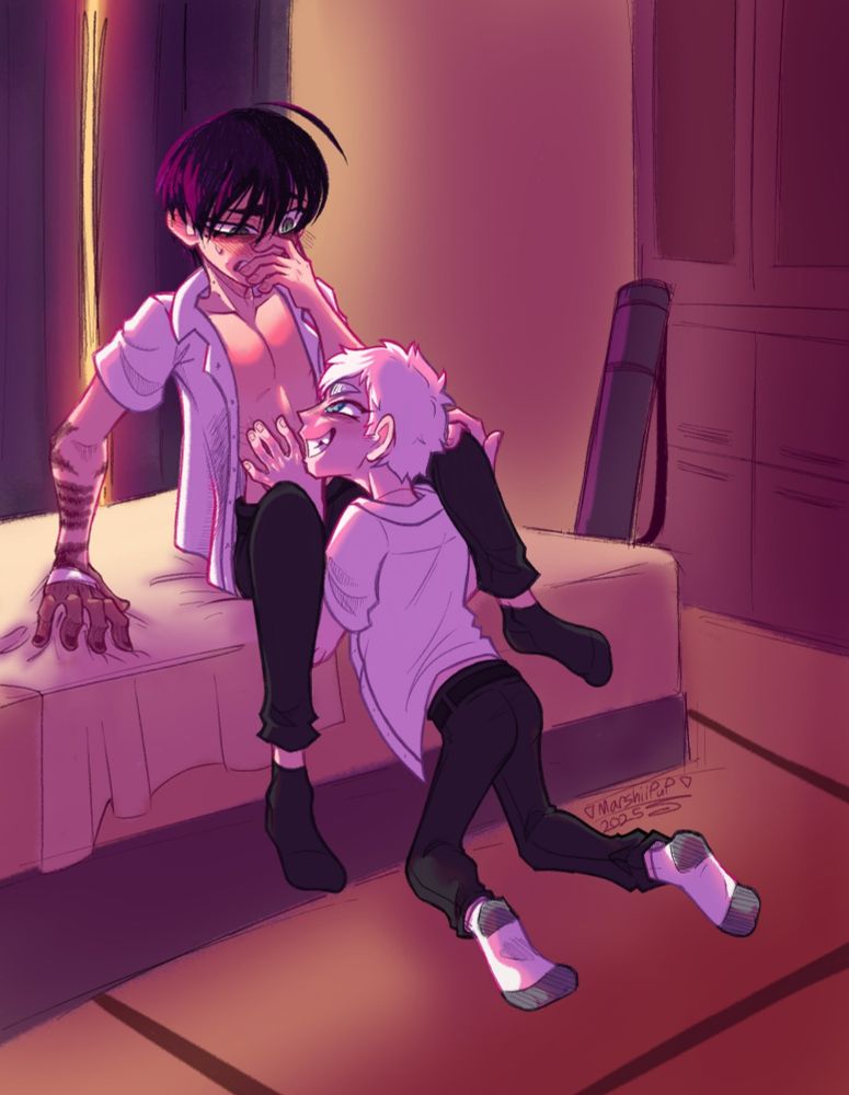 Fully colored image of Yoshiki and 'Hikaru' from The Summer Hikaru Died. Both characters have their shirts open, Yoshiki is sitting on his bed with a shocked expression on his face, blushing heavily with a hand covering his mouth. 'Hikaru' is positioned between his legs with one leg propped over his shoulder. He's touching Yoshiki's upper abdomen, a mischievous grin on his face