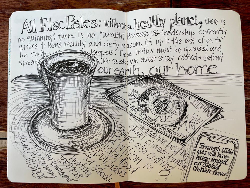 Sketchbook drawing criticizing Trump administration’s cuts to climate aid and local food production. The drawing also shows the postcard advertising a multi media art show about climate change in Cincinnati April 17-May 24, 2025 at StudioKroner.
