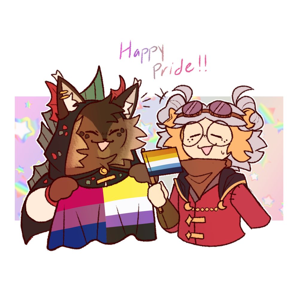 A drawing featuring original d&d characters from sketchyypng and anyoomie on bluesky. one character is a brown anthropomorphic cat with the bisexual nonbinary flag. the other character is a young human with gray hair dotted with yellow accents. the human is holding the aroace flag.