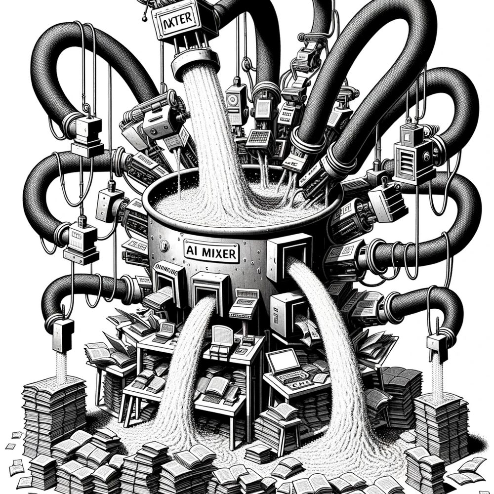 Output of DALLE-3 with the following prompt: Illustration of a gigantic contraption, appearing almost like a creature, with multiple arms stretching out to grasp artworks and literature from heaps around it. These treasures are dropped into a big cauldron labeled 'AI Mixer'. As the vat stirs, the contents morph into a shimmering digital concoction. From the vat, hoses spray this concoction onto oversized canvases and printing machinery, creating puzzling and distorted results. Another group of machines then grabs these outputs, converting them into a different, more viscous digital substance.