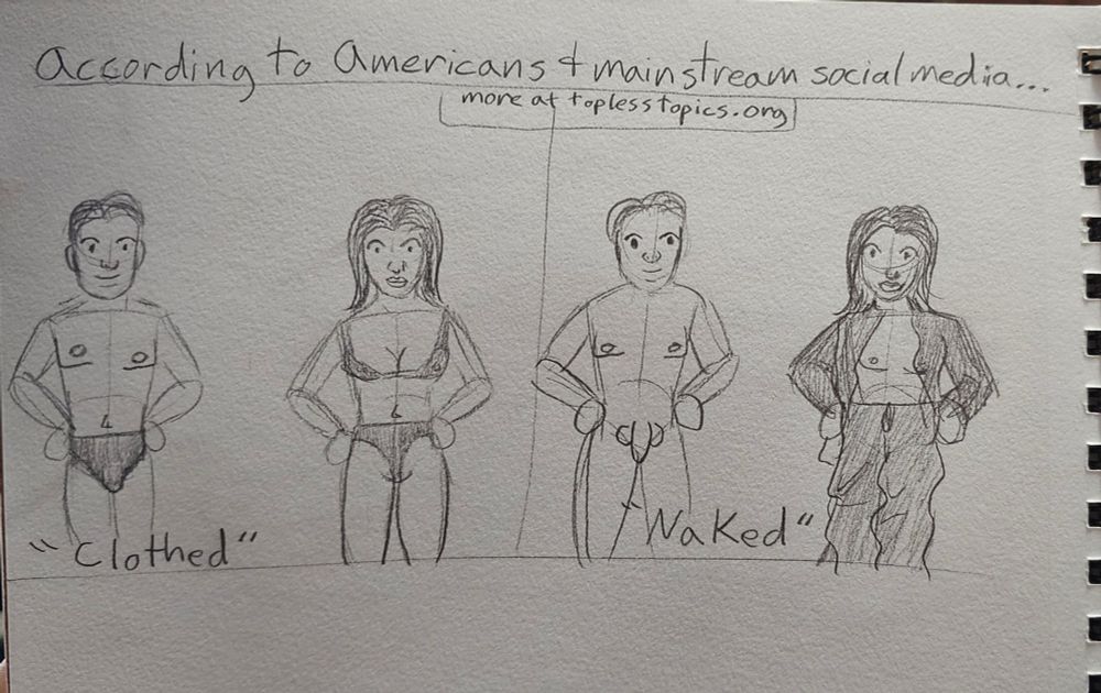 Two panel comic Pannel one: a man standing naked except for small underwear covering only his genitals next to a woman wearing a tiny bikini covering only her crotch and nipples, captioned 