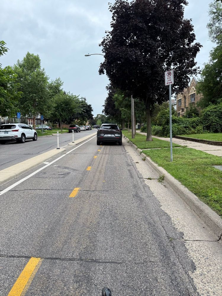 A car is parked in a protected bike lane marked with yellow lines, separated from vehicle traffic by a raised curb and flexible posts. A “No Parking Bike Lane” sign is posted next to the sidewalk, which is lined with trees. Other vehicles are visible in the adjacent traffic lane.