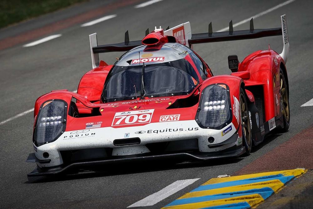 The #709 SCG 007 Le Mans Hypercar in the original Glickenhaus Racing red livery 