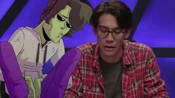 Drawing of Gorgug (played by Zac Oyama) crouching in a grey hoodie and purple jeans, and a picture of Zac Oyama (played by Zac Oyama, what a range)looking down, glasses and red shirt