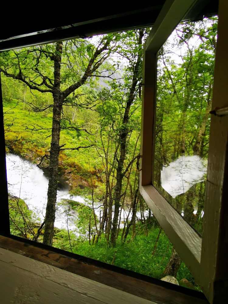 The image shows a view from inside a cabin, looking out through an open window. The window frame is wooden and painted white, with a handle visible on the right side. The scene outside is a lush, green forest with various trees, some with moss-covered trunks. A river or stream flows through the forest, with white water indicating a rapid or waterfall. The sky is overcast, suggesting a cloudy day. The foreground is dominated by the window frame, while the background features the natural landscape, creating a serene and picturesque setting.