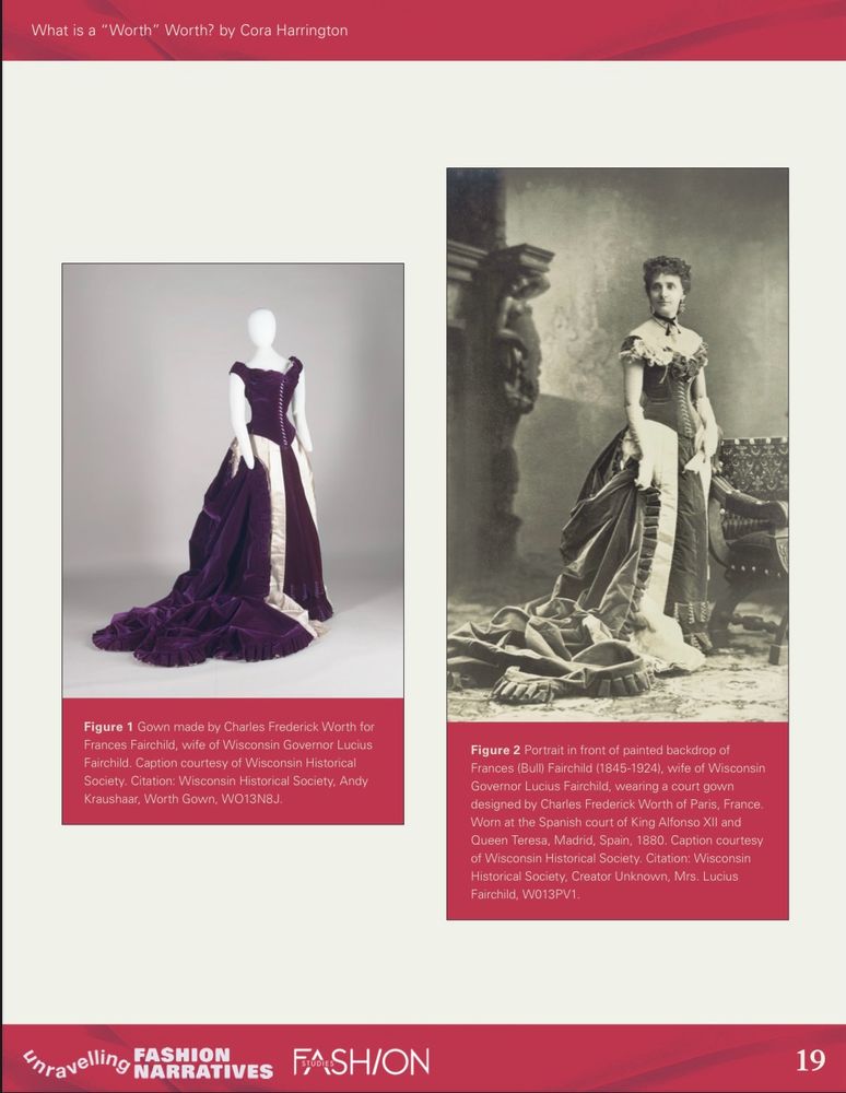 Image 1: Purple silk velvet and satin court gown made by Charles Frederick Worth for Frances Fairchild, wife of Wisconsin Governor Lucius Fairchild. 

Image 2: Black and white photographic portrait in front of painted backdrop of Frances (Bull) Fairchild (1845-1924), wife of Wisconsin Governor Lucius Fairchild, wearing a court gown designed by Charles Frederick Worth of Paris, France. Worn at the Spanish court of King Alfonso XII and Queen Teresa, Madrid, Spain, 1880.