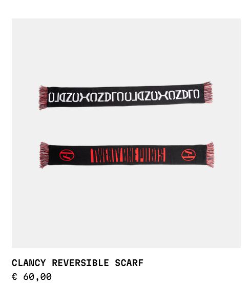 A photo from the Twenty One Pilots Merch website showing a scarf with "Clancy reversible scarf" written under it that you can get for the absolutely definietly not abhorrent price of 60 euro