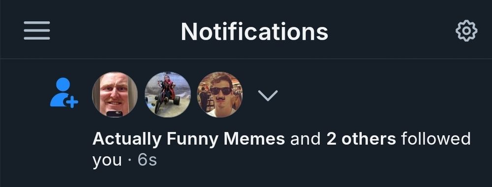 a screenshot from the notification feed of bluesky, the notification says "actually funny memes and 2 others followed you"