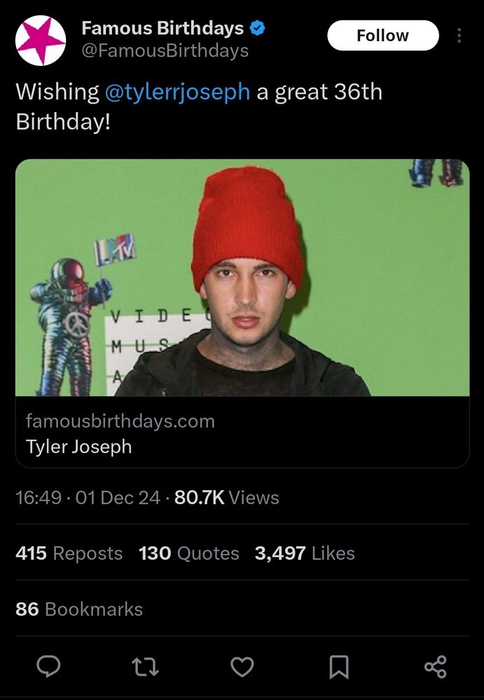 famous birthdays twitter post "Wishing tyler joseph a great 36th birthday"