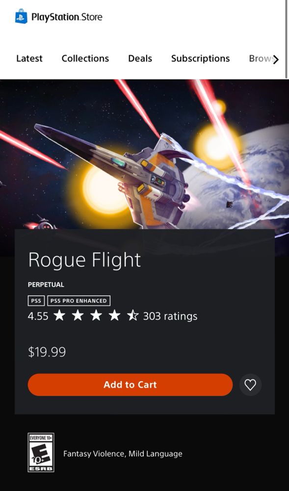 Screenshot of the rogue flight PlayStation network store page revealing an average star rating of 4.55 with over 300 ratings. 