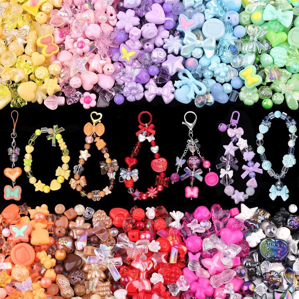 Playfully shaped acrylic beads in a rainbow of colors with example beaded keychains in the center.