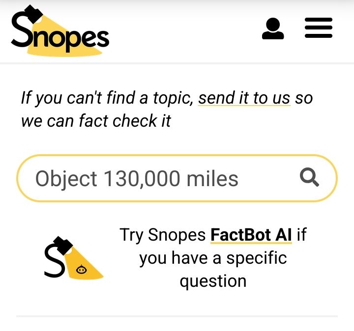 A screenshot of fact checking website Snopes' search bar. Underneath is a link that says "Try Snopes FactBot AI if you have a specific question"