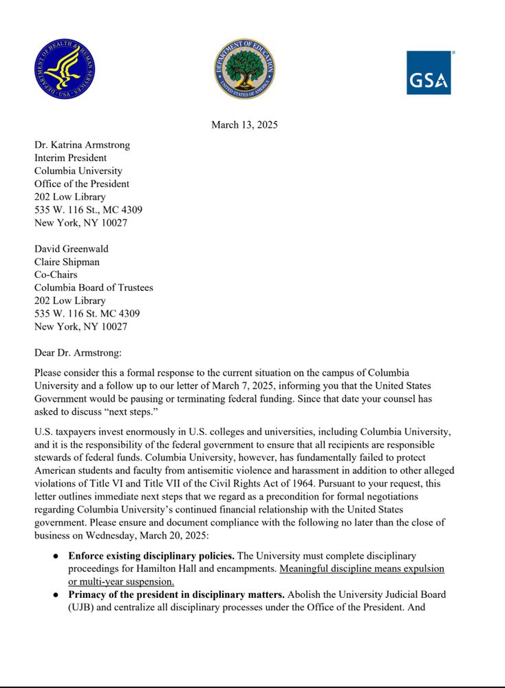 Letter to Columbia admin from Trump admin listing demands for them to continue a financial relationship with the govt 