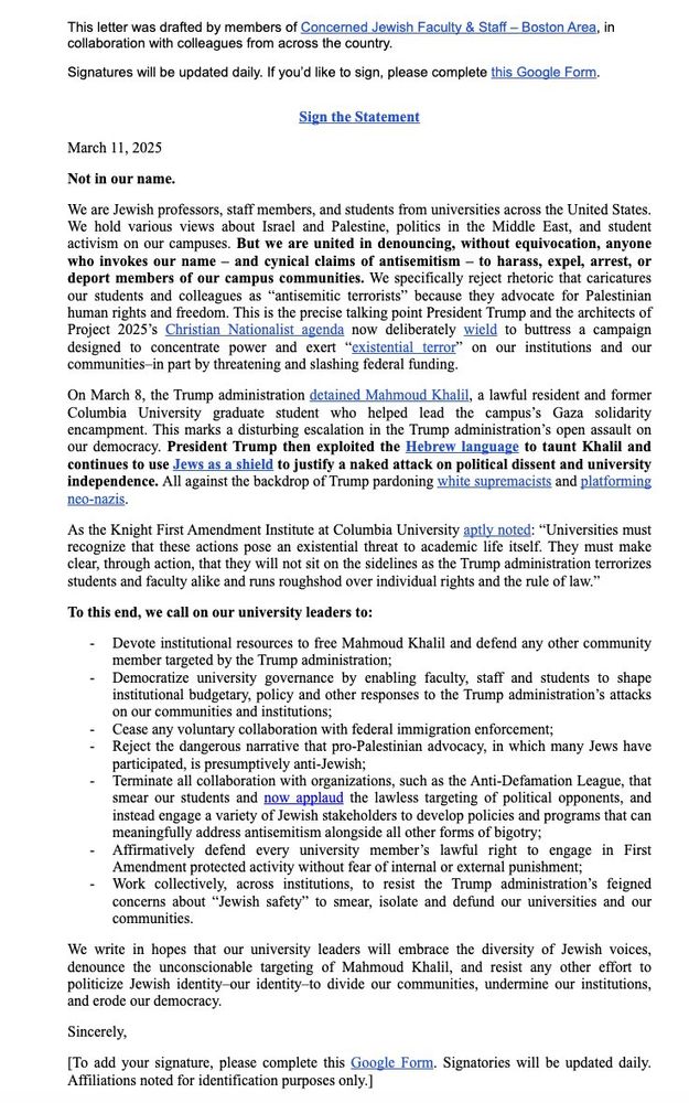 2000+ Jewish professors, staff, and students circulating a letter on Trump-Vance's arrest of Mahmoud Khalil:

"We hold various views…But we are united in denouncing…anyone who invokes our name—and cynical claims of antisemitism—to harass, expel, arrest, or deport members of our campus communities."
