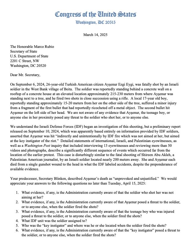 Letter to Secretary of State Marco Rubio, demanding answers on the killing of 26-year-old American Ayşenur Ezgi Eygi