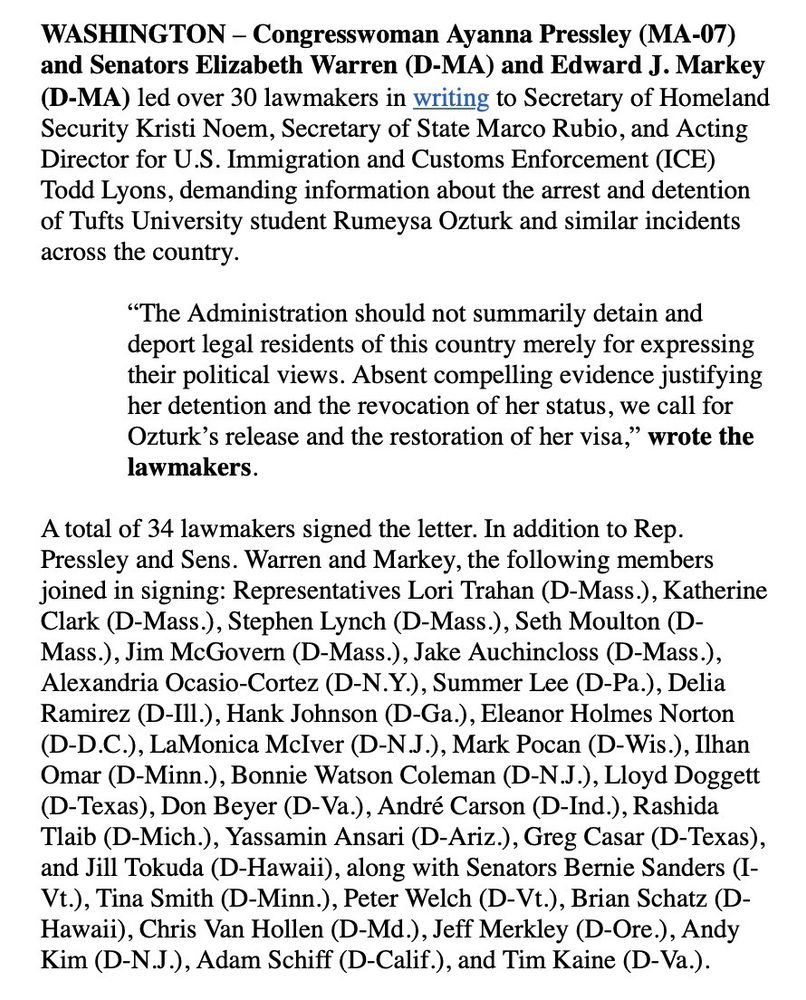 Announcement that 34 members of Congress are demanding answers from DHS, ICE, and the State Department on the arrests of Rumeysa Ozturk and several other students, seemingly for their political views.