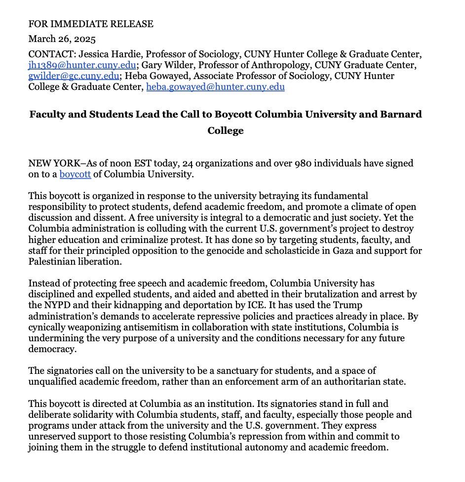 Press release about a new boycott of Columbia