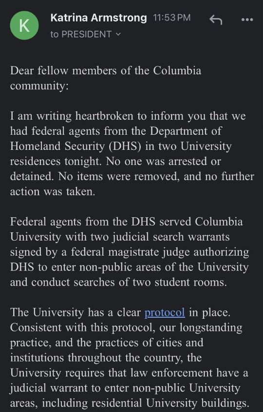 Columbia administration email announcing DHS was on campus 