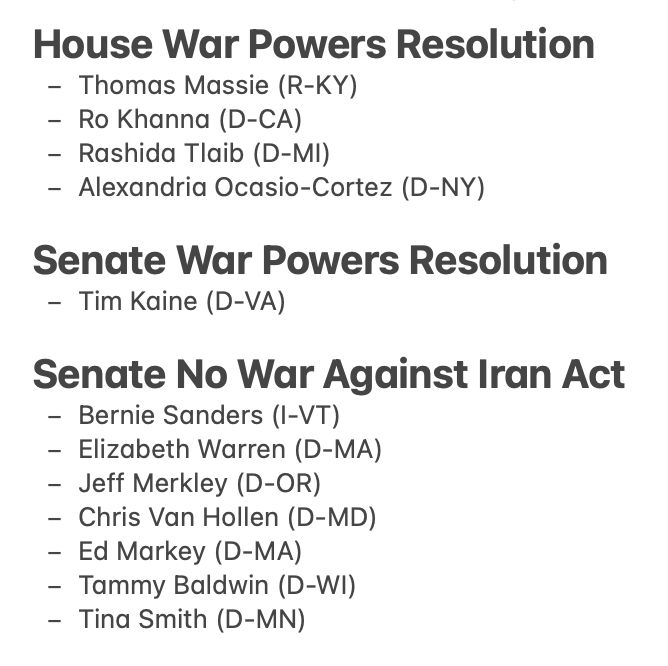 House War Powers Resolution 
- Thomas Massie (R-KY)
- Ro Khanna (D-CA)
- Rashida Tlaib (D-MI)
- Alexandria Ocasio-Cortez (D-NY)

Senate War Powers Resolution 
- Tim Kaine (D-VA)

Senate No War Against Iran Act
- Bernie Sanders (I-VT)
- Elizabeth Warren (D-MA)
- Jeff Merkley (D-OR)
- Chris Van Hollen (D-MD)
- Ed Markey (D-MA)
- Tammy Baldwin (D-WI)
- Tina Smith (D-MN)








