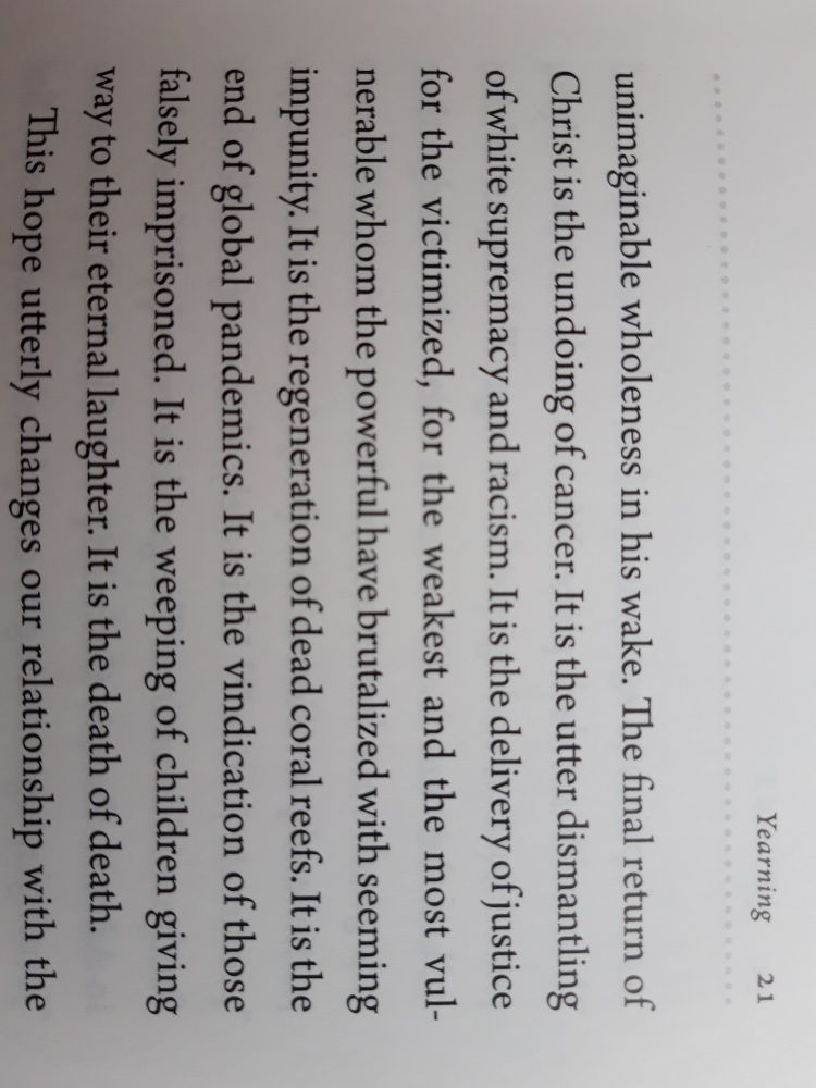 A description of the impact of the Second Coming, written by Tish Harrison Warren in a book called advent