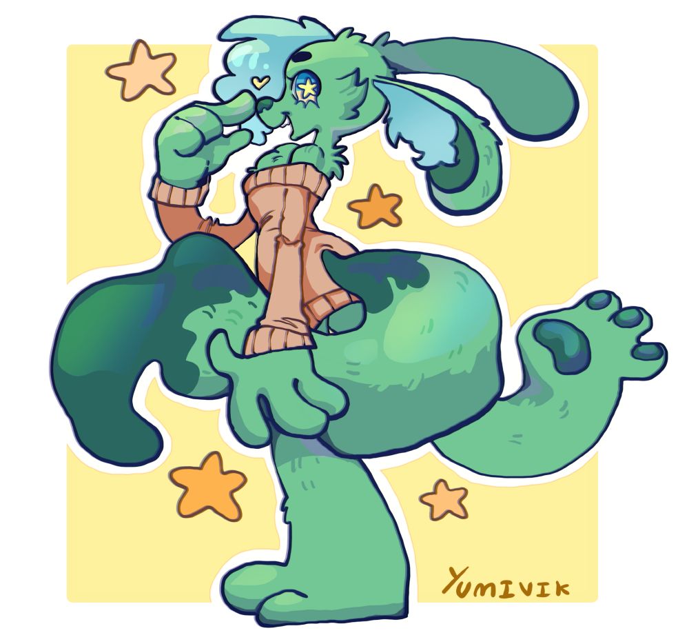 A blue-green femboy furry booping his own nose posing cutely in a big sweater 