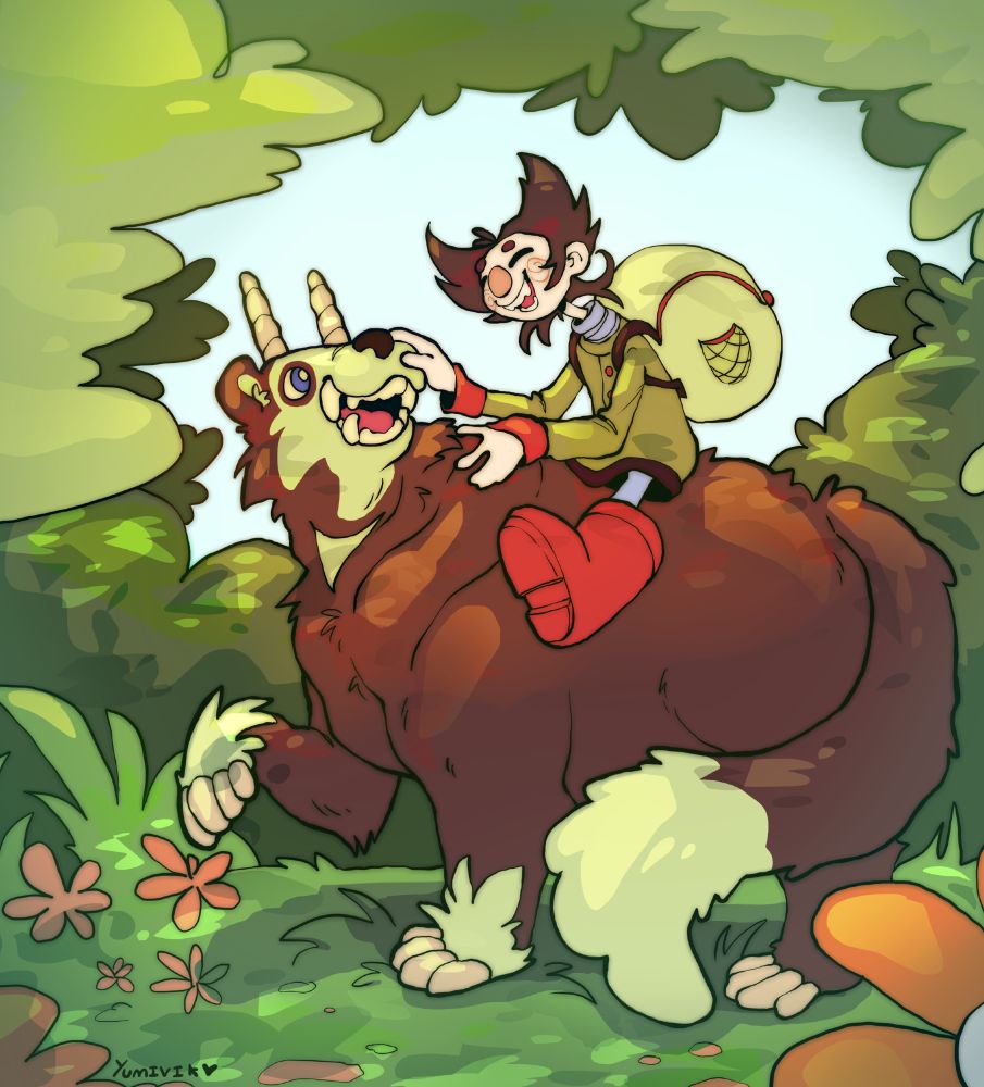 a girl riding on top of a bear as they explore the woods and have a lot of fun