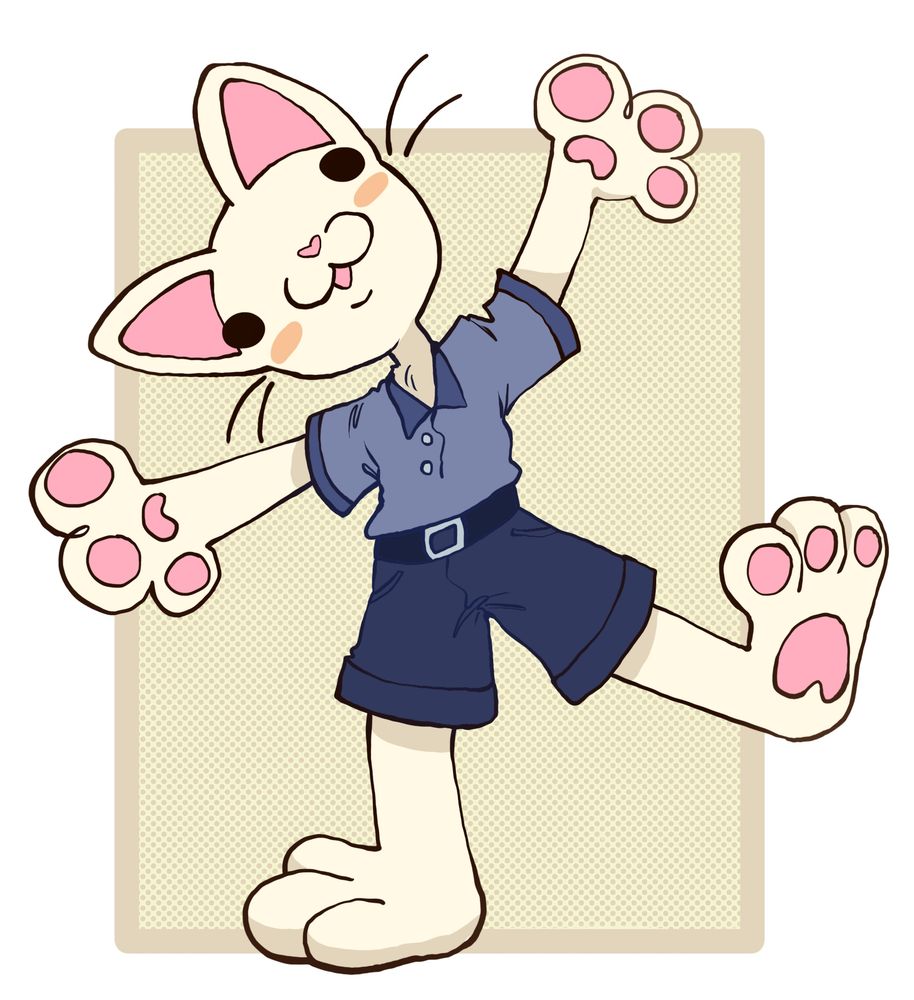 silly white cat standing on it's back legs holding its' arm out looking goofy