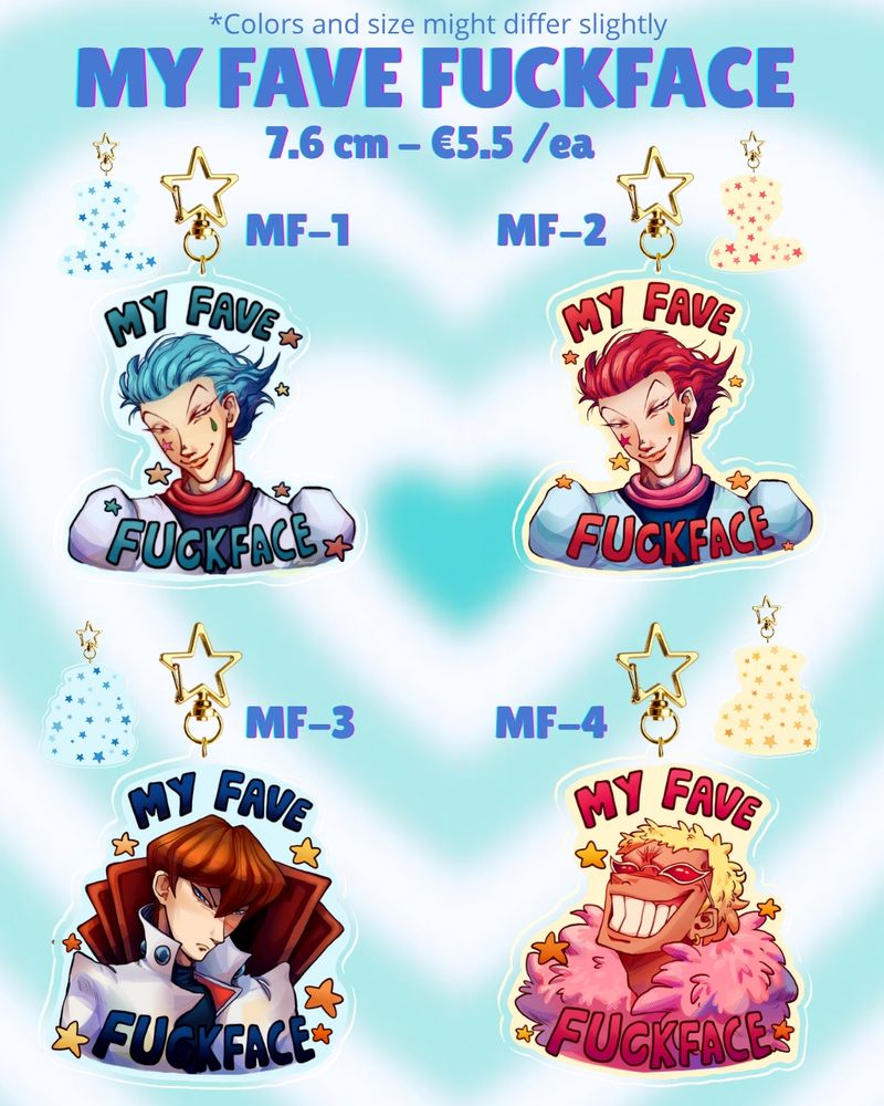 Hisoka from the old anime, hisoka from the new anime, Seto Kaiba and do flamingo as heychains