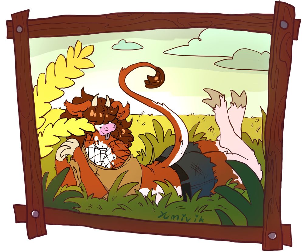 a cow furry girl lying in the grass realxing in a field