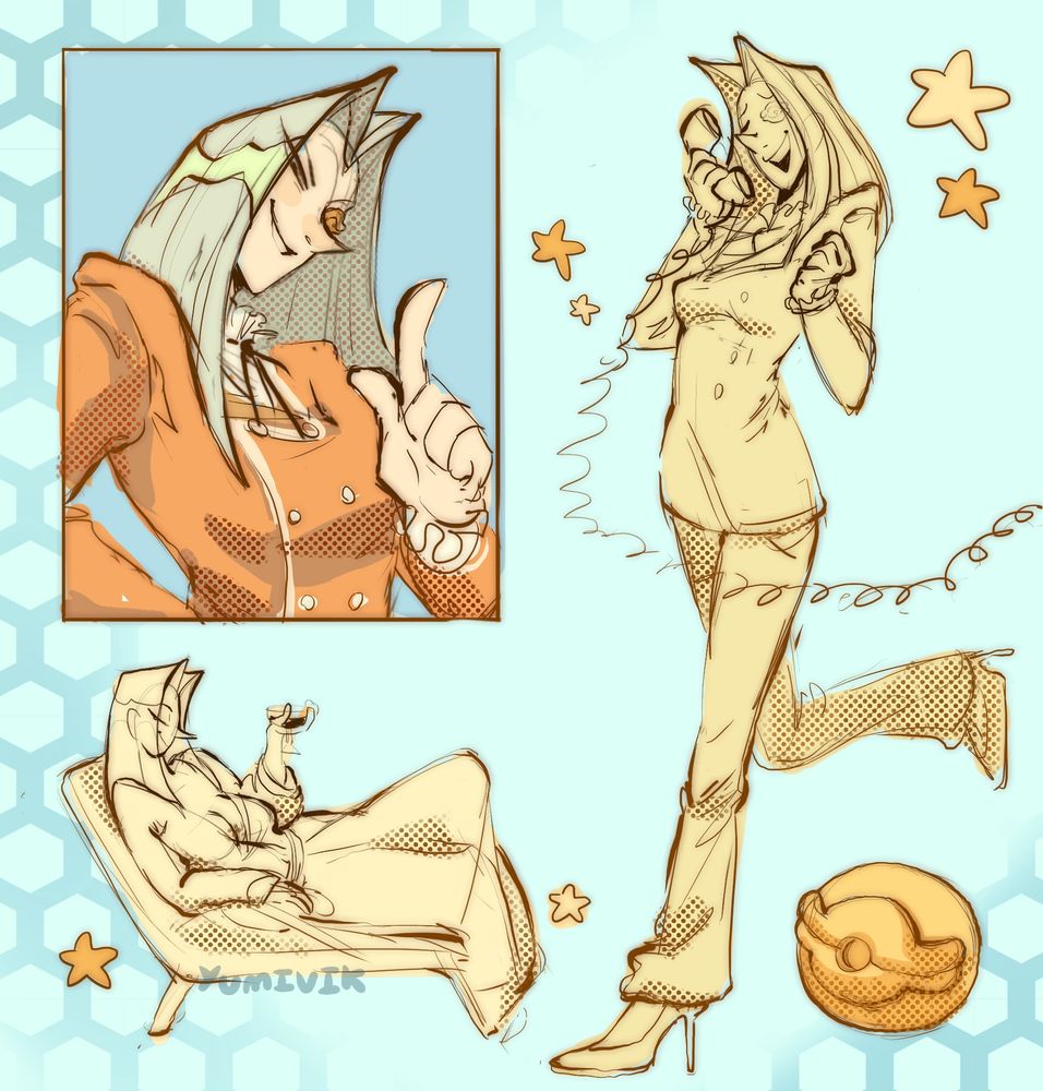 Digital drawing of Pegasus from yugioh as a woman.
there are three drawings on the picture
a closeup of her smirking, pegasus talking on the phone being a real diva and her posing real sexy in morning robes and a glass of "fruit juice"