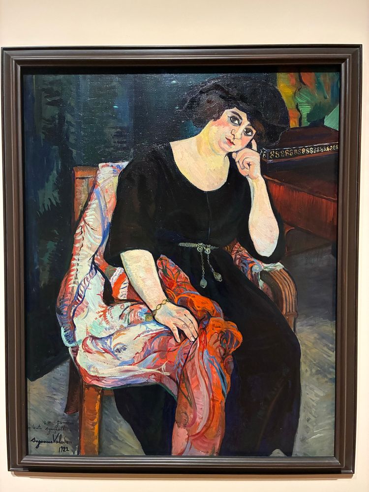 An expressive portrait by Suzanne Valadon of Madame Zamaron, who wears a long black dress and sits on a chair, her chin on her hand and gazing at the viewer. The main eye catching detail is an extravagant shawl or blanket wrapped around her, painted in swirls of red, white, yellow and blue. 