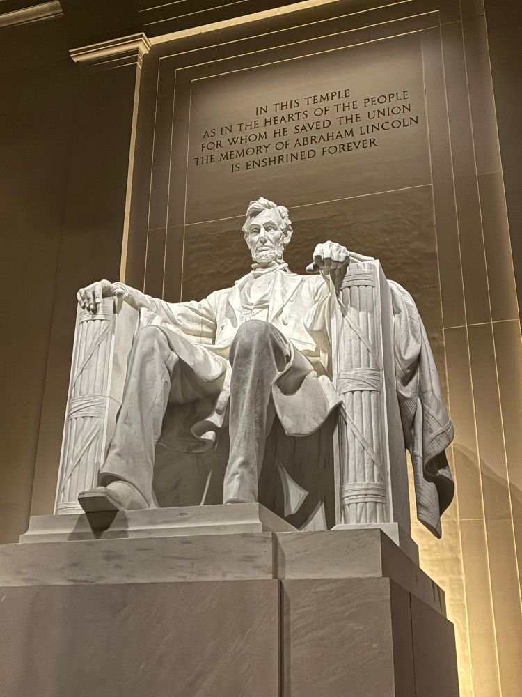 Lincoln memorial, close up of monumental statue, dramatically lit