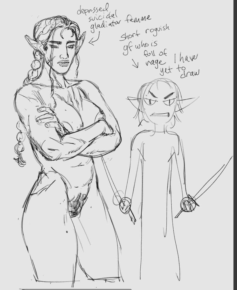 Sketch of mine and my gf's lesbians once again

More refined sketch of a tall woman on the left and a scribble of a shorter one on the right