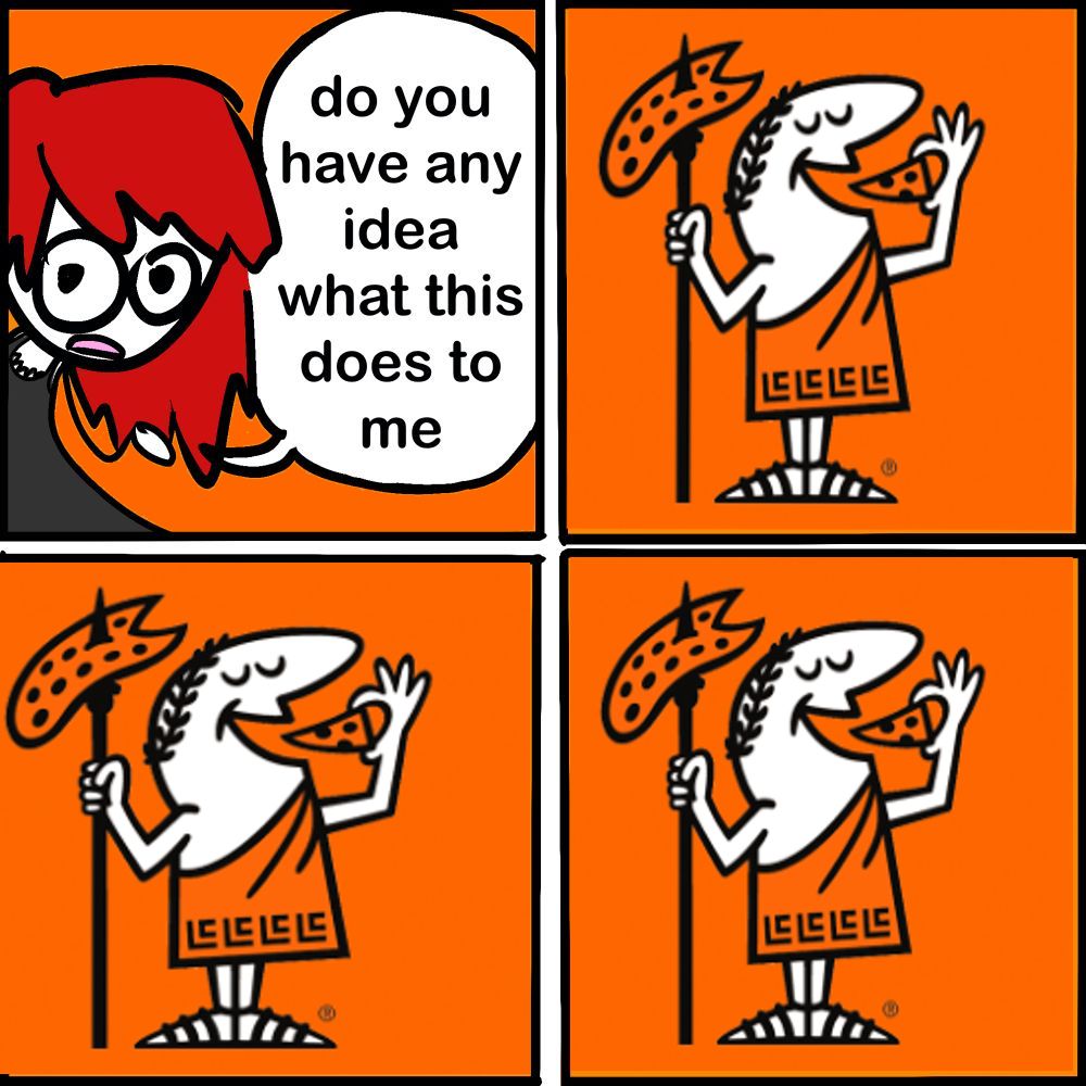 the original comic but all the orange panels are the Little Caesar's logo (a little julius caesar eating a slice of pizza)