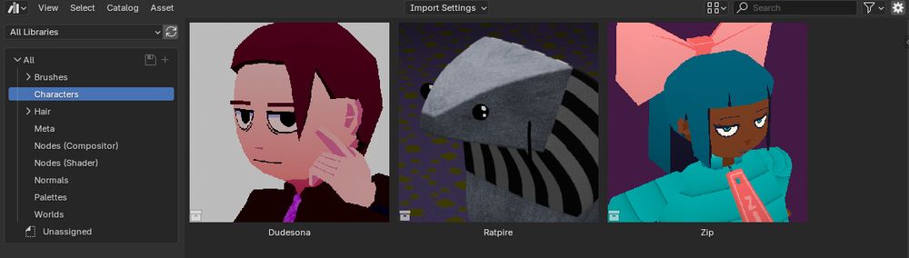 Blender's Asset Library pane showing multiple of my created characters