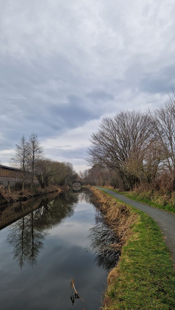 Canal with still water reflecting cloudy sky and bare trees. Narrow path with grass verge to the right.