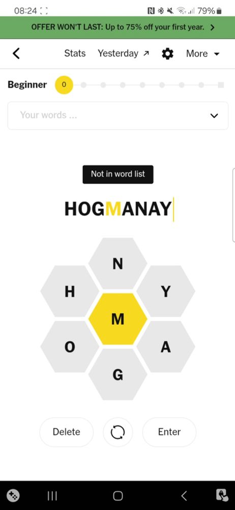 Screenshot of NYT Spelling Bee game, with word "HOGMANAY" and pop up "Not on word list"