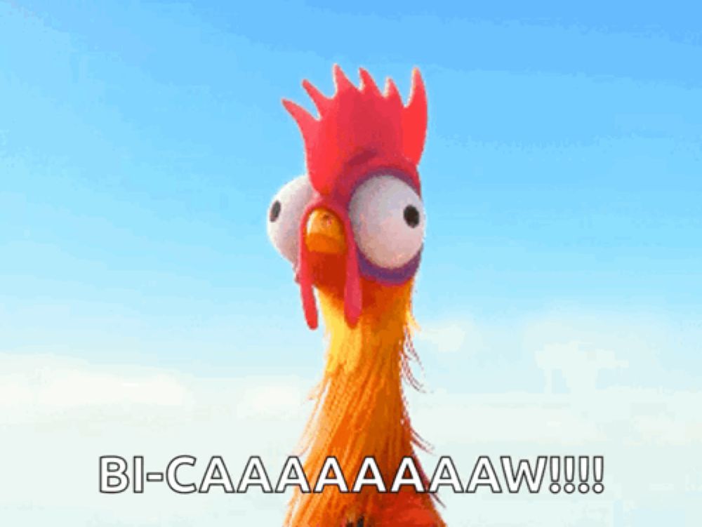 a cartoon rooster with big eyes and a red comb says bi-caaaaaaw