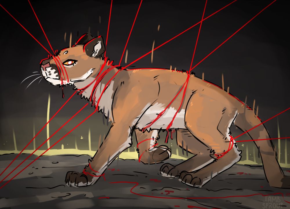 A cougar with red strings tied all around her body. Notably her neck, chest, legs and snout. In places they've dug in and made her bleed. She is walking across a desolate landscape impassively. The style is messy, experimental.
