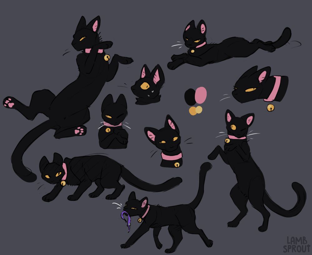 A series of sketches of an all black cat wearing a pink collar. it has gold eyes and a bell on the collar. its expressions are mostly impassive.