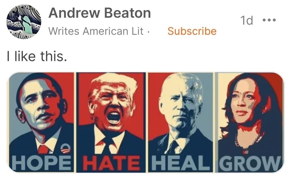 4 Portraits mit jeweils einem Wort. Obama - Hope / Trump - Hate / Biden - Heal / Harris Grow