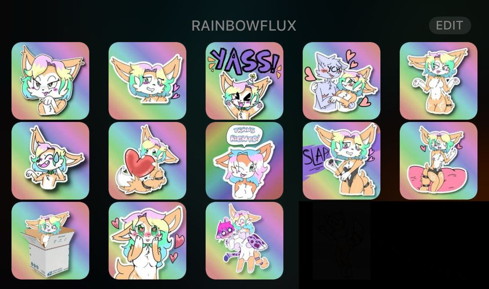 A set of furry stickers from Telegram of Flux Sprocket, my main OC fur the past few years!! Looks like a mix of a fox-cat with rainbow hair in most of the stickies... With tan fur, white highlights and both black & white tattoos.