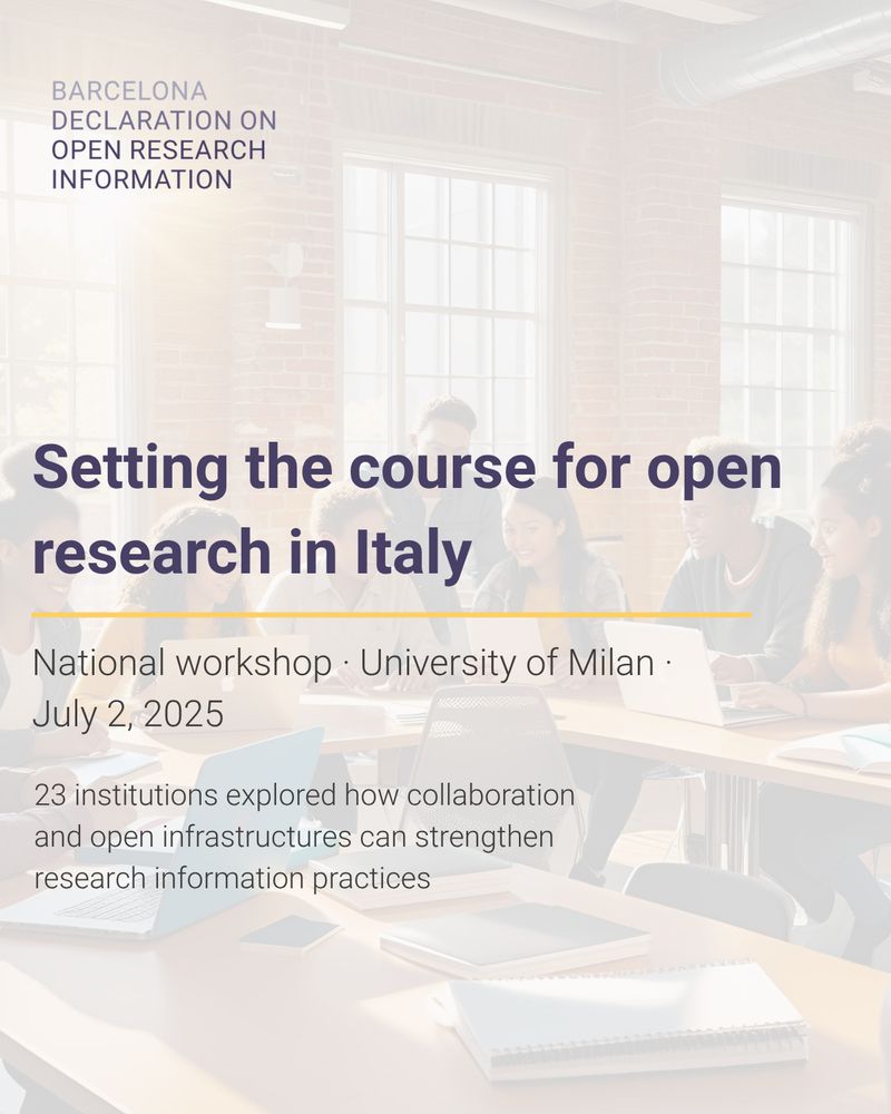Banner for the national workshop at the University of Milan, with the title “Setting the course for open research in Italy” over a background image of people gathered around a meeting table.