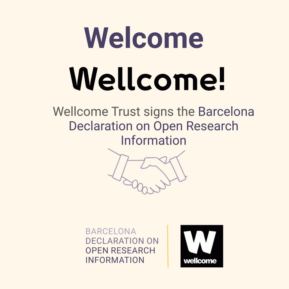 Graphic announcing Wellcome Trust as a new signatory of the Barcelona Declaration on Open Research Information. The image includes the text “Welcome Wellcome!”, with the logos of the Barcelona Declaration and Wellcome Trust, and a purple handshake icon in the background.