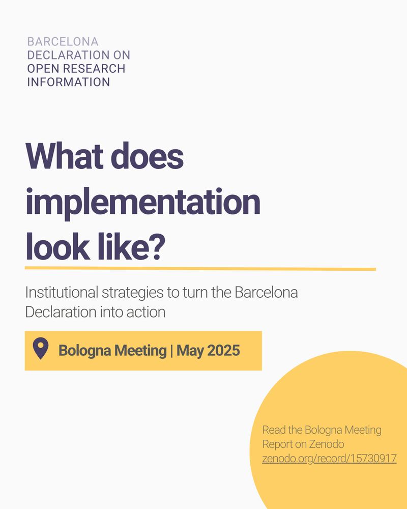 Slide with the title "Implementation Journeys" in white text on a green background. The subtitle reads "Three institutions share their paths towards open research information." The logo of the Barcelona Declaration is in the bottom right corner.

